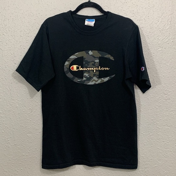 Champion Big C Camouflage SpellOut Black Screen Print Tee size M - Picture 1 of 9
